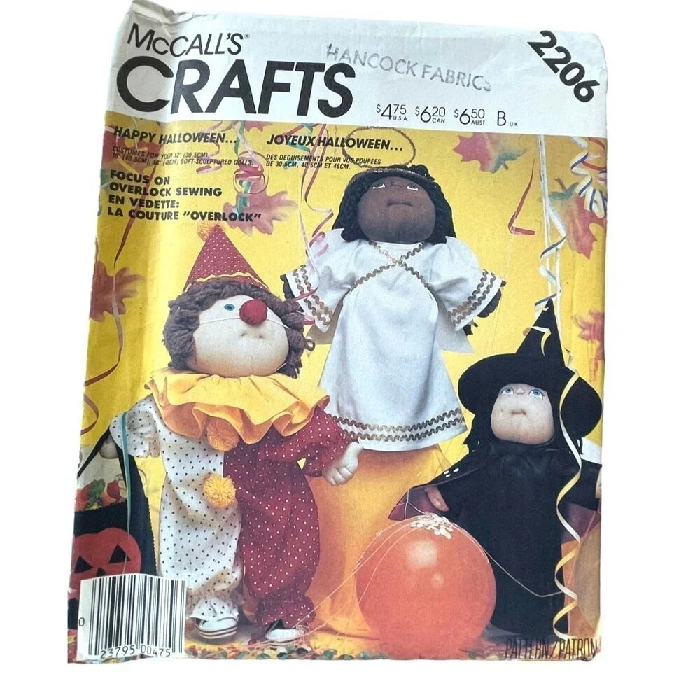 McCalls Sewing Pattern 2206 Sculptured Doll Clothes for‎ Clown Angel Witch